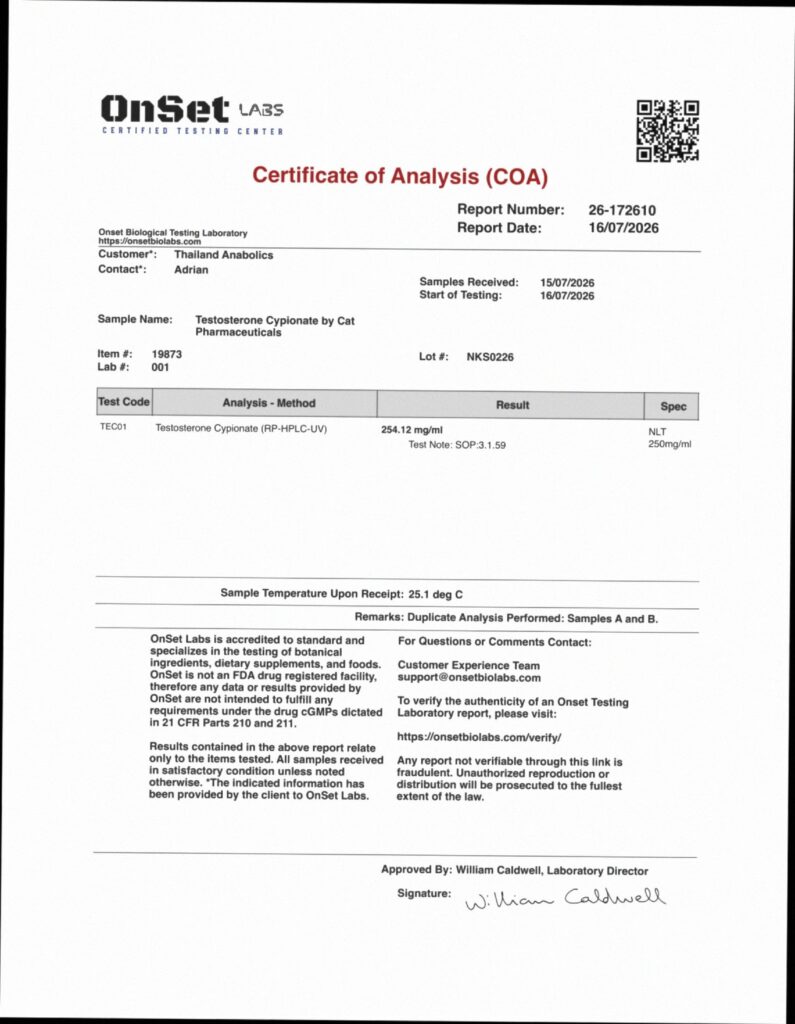 Testosterone Cypionate Test C independent lab report 26-172610 dated 16 July 2026